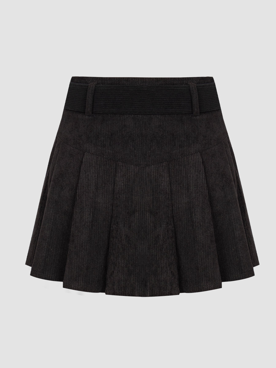 Corduroy Pleated Skirt with Belt