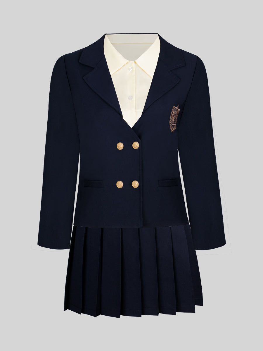 Embroidered Blazer Short Jacket + Pleated Skirt + Apricot Blouse Three Piece Set