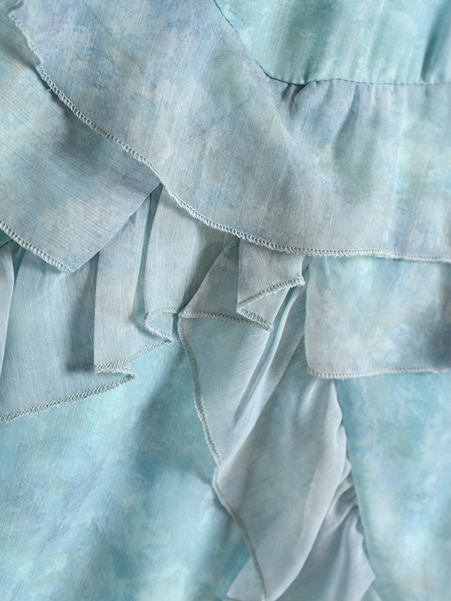 Floral Lace Lake Blue Halter Dress