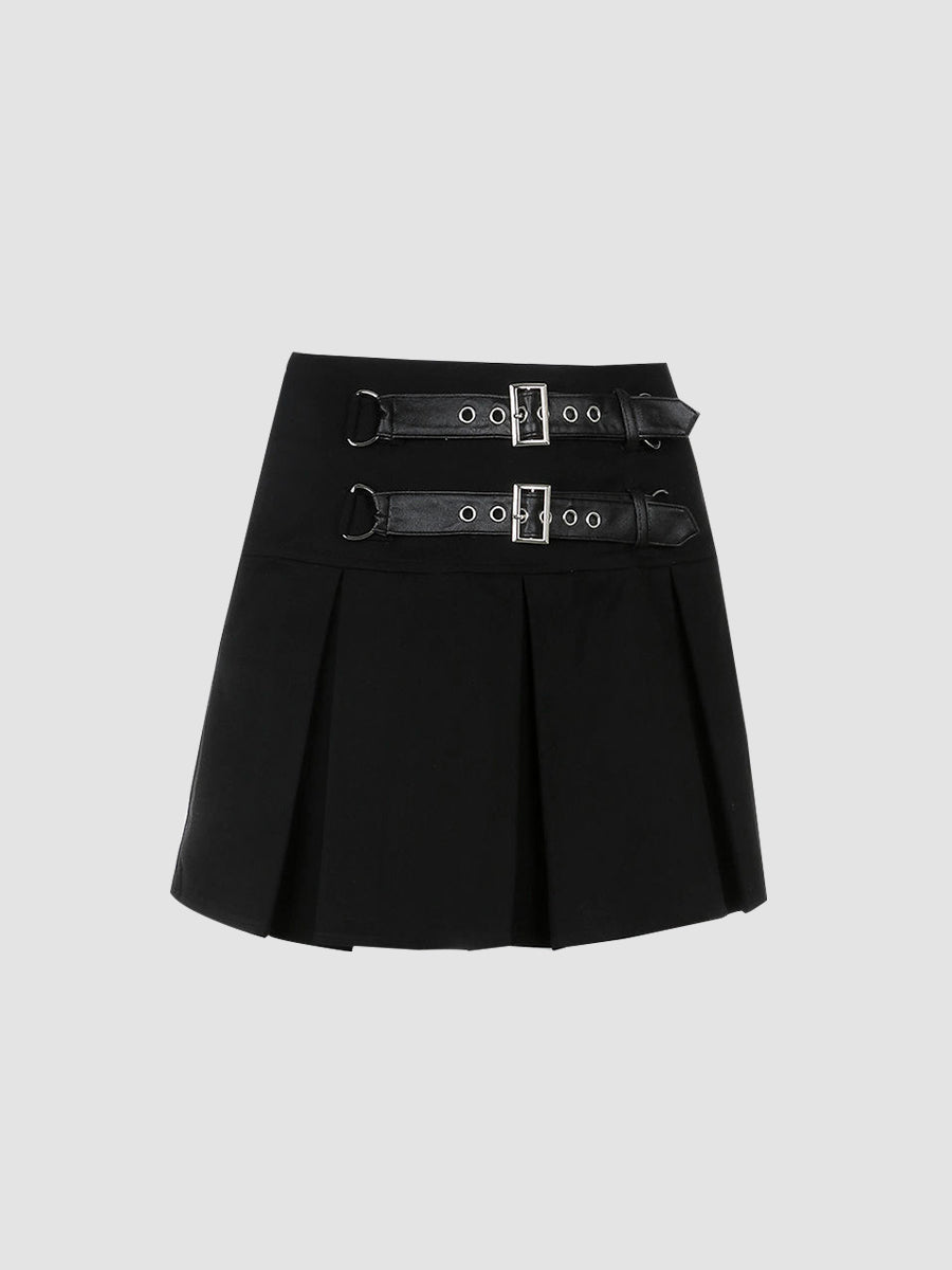 Leather Buckle Sexy Pleated Skirt