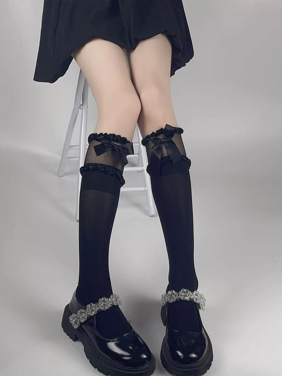 Velvet Lace Bow JK Thigh High Socks