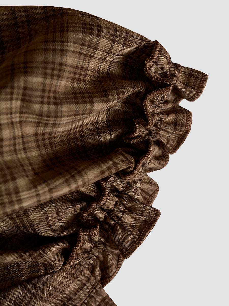 Curry Plaid Stitching Straps Bubble Sleeve Dress