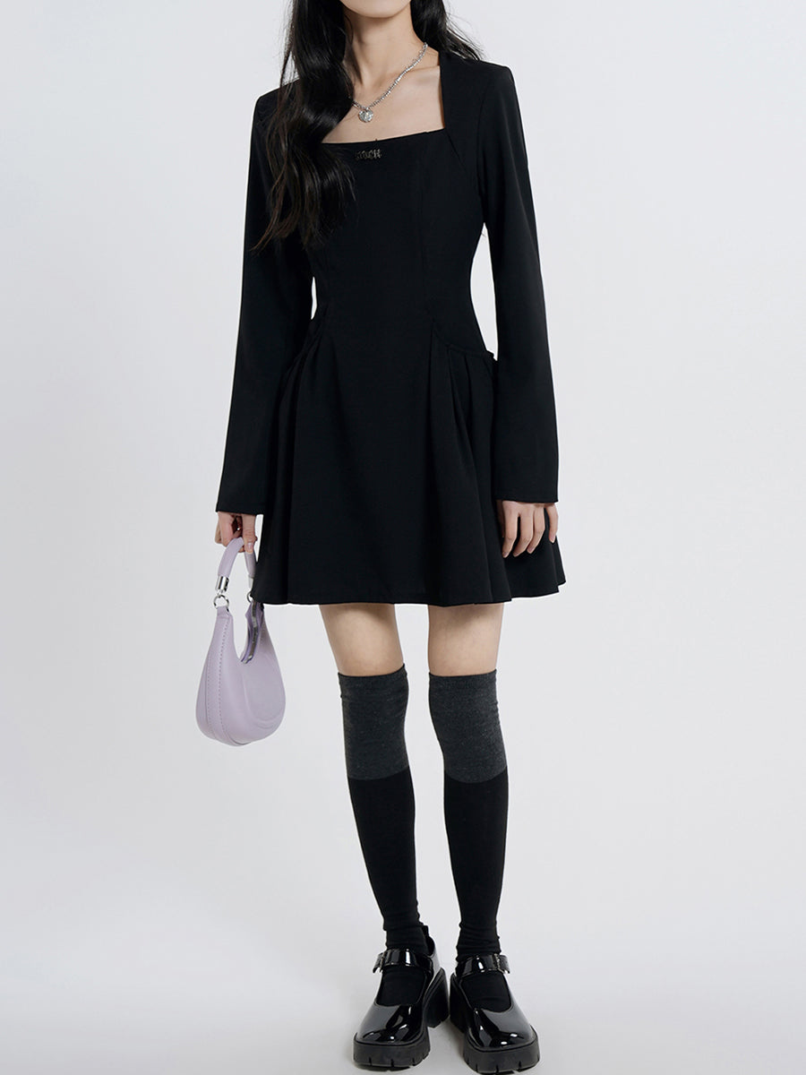 Black Square Collar Fluffy Dress