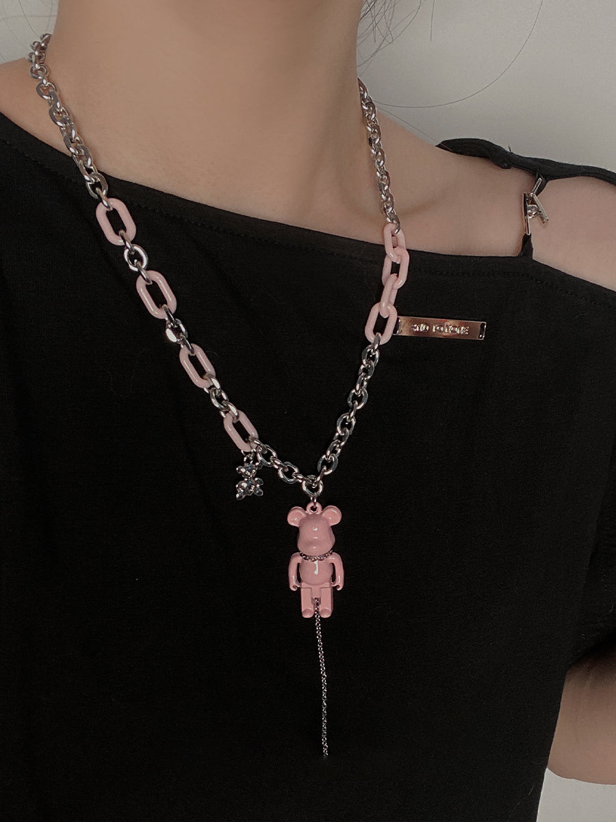 Black Pink Chain Bear Necklace