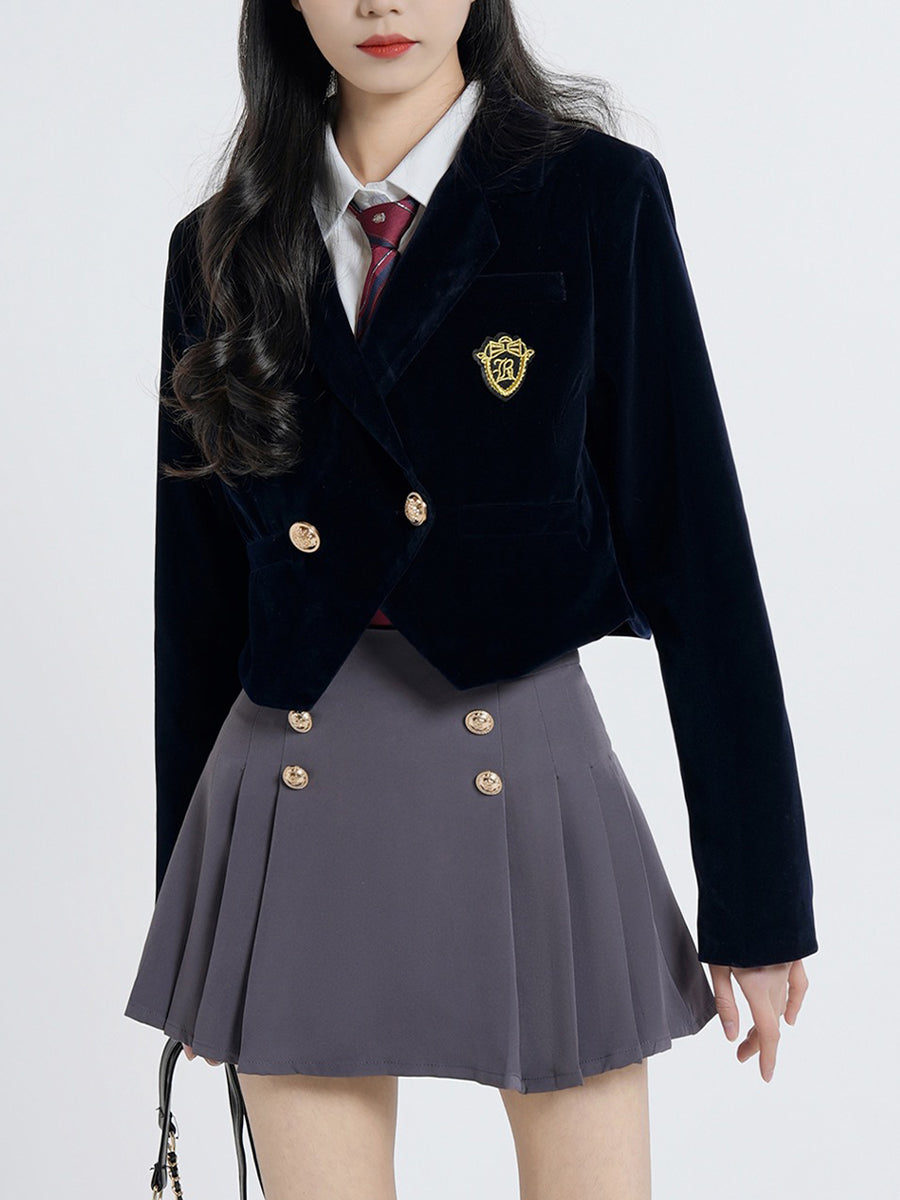 Badge Short Blazer + White Shirt + Skirt Three Piece Set