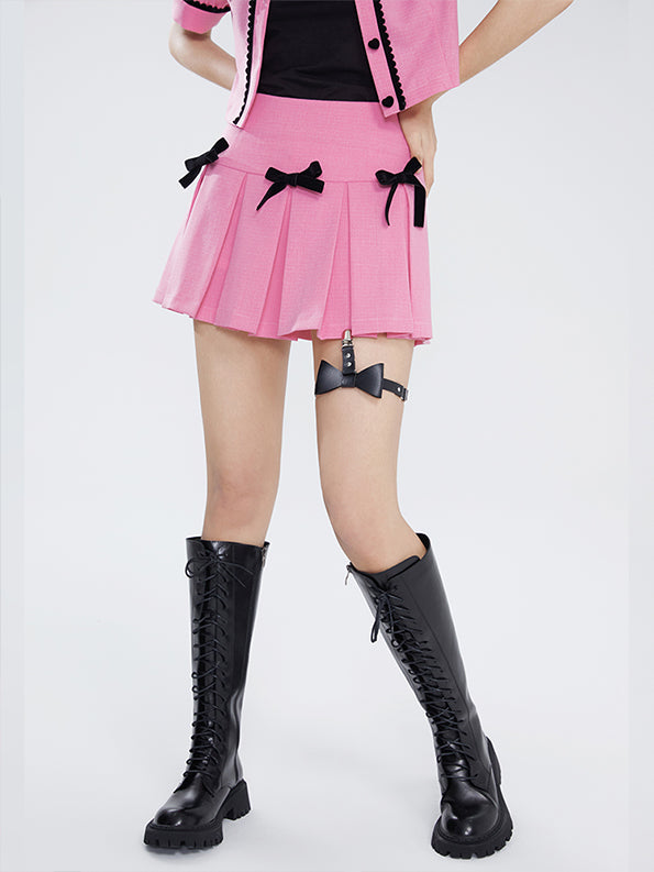 Pink Short Sleeve Top&High Waist Pleated Skirt Set