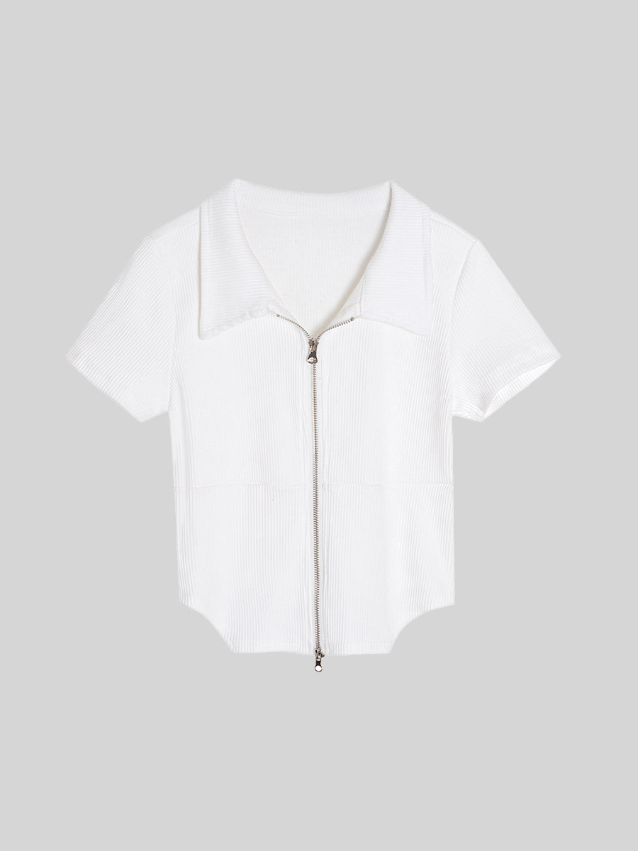 Kpop Short Sleeve Double Zipper Solid Color Top