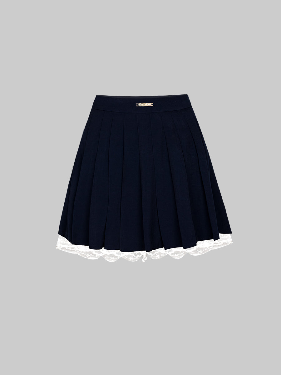 Navy Blue Bubble Sleeve Top&Pleated Skirt Set