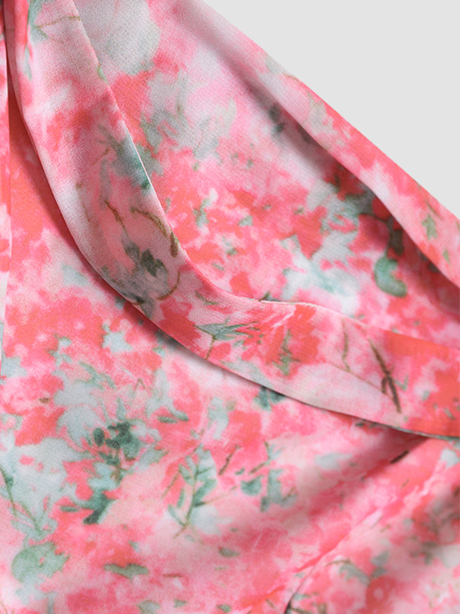 Pink Floral Halter Chiffon Dress