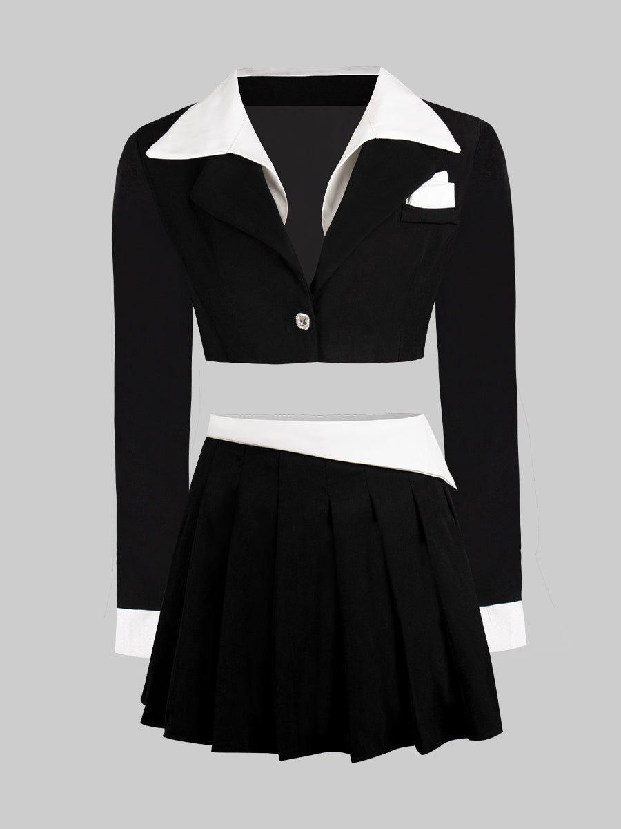 Black and White Top + Irregular Pleated Skirt Set