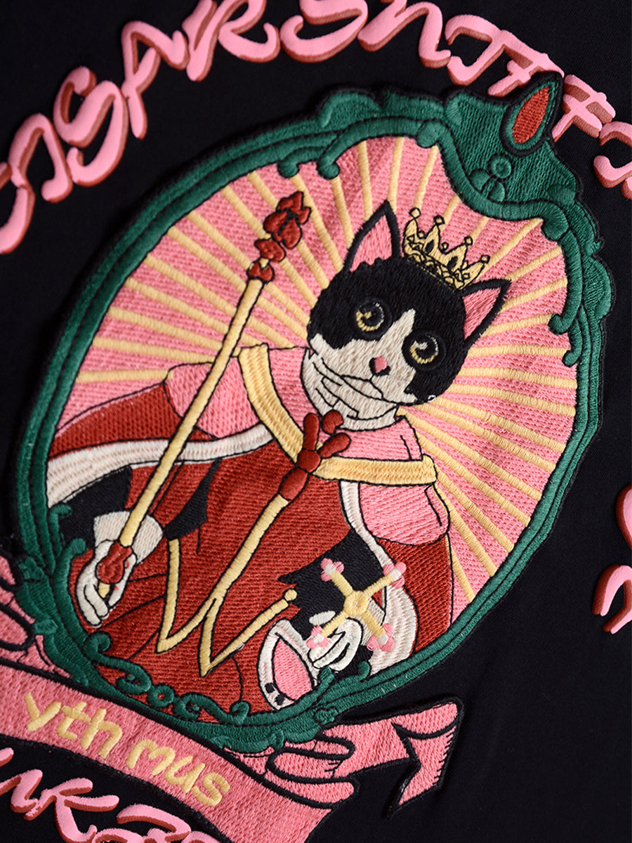 Cat Embroidered Black T-shirt Top