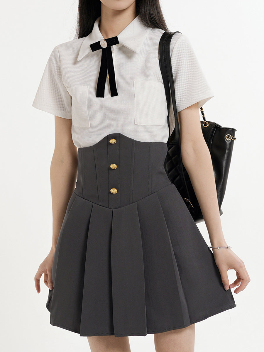 Knitted White Blouse + Corset Pleated Skirt Set