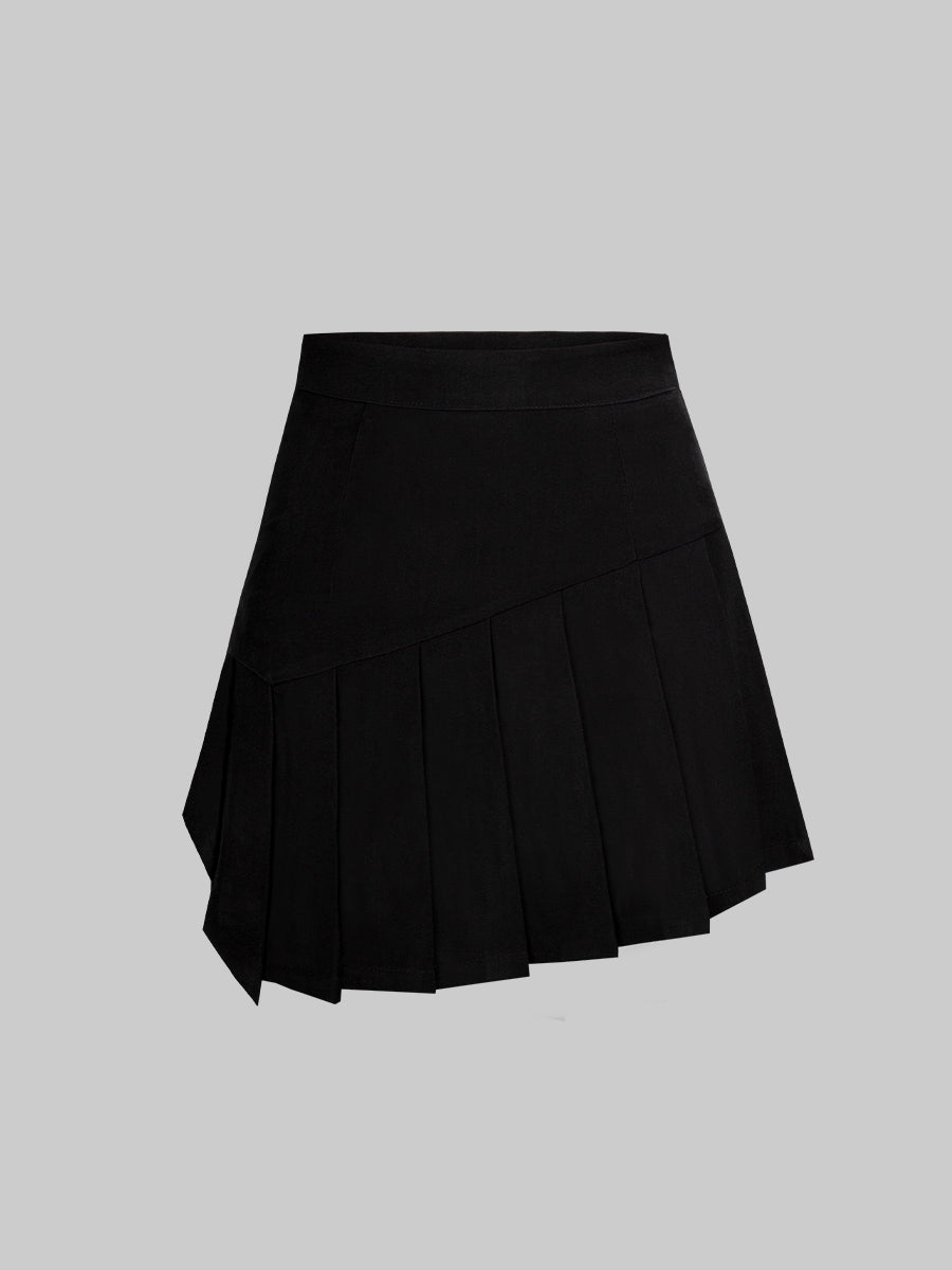 Black and White Top With Tie + Irregular Pleated Skirt Set