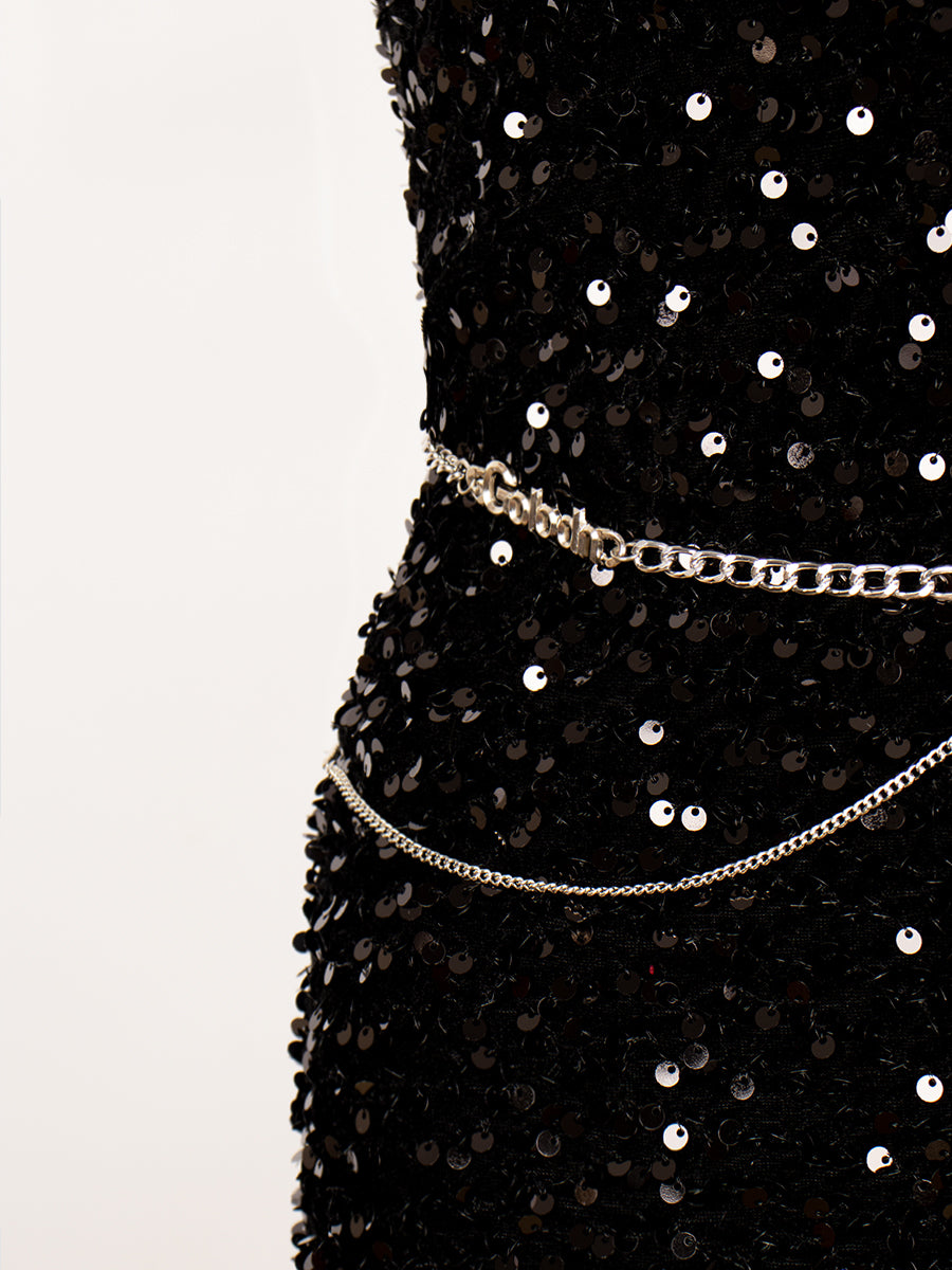 Black Sequin Party Dress with Chain