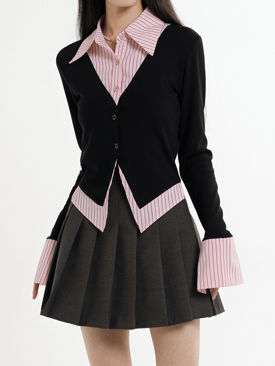 Fake Two Piece Shirt + Pleated Skirt Set