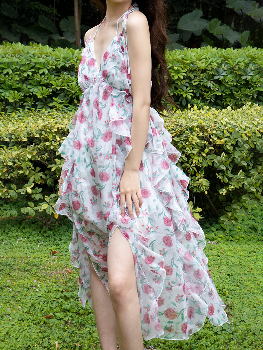 Floral Backless Irregular Midi Halter Dress