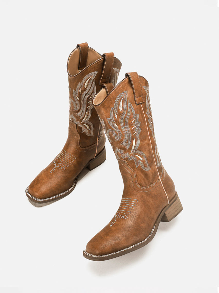 Brown Stitching Embroidered Butterfly Boots