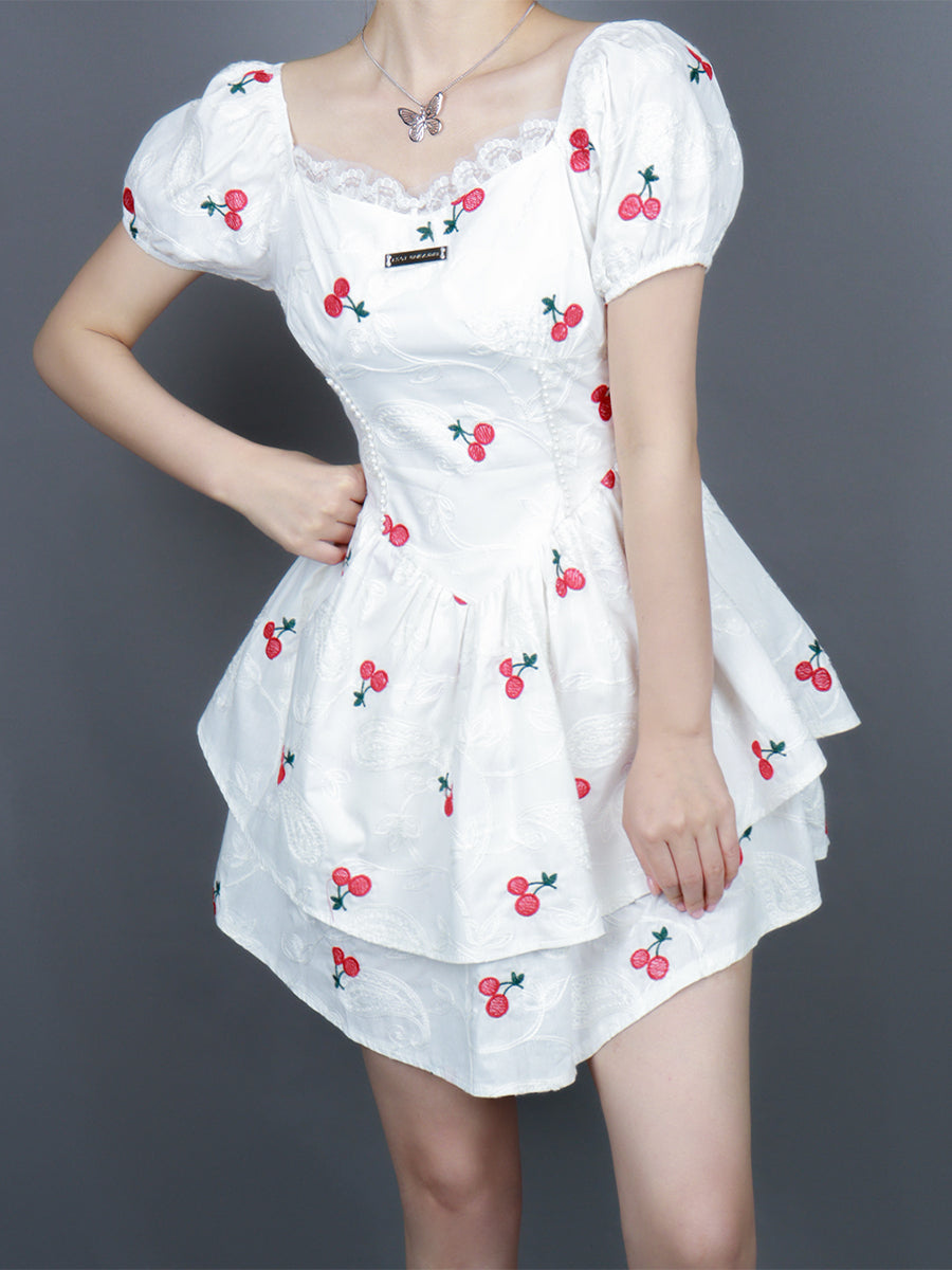 Embroidered Cherry White Dress