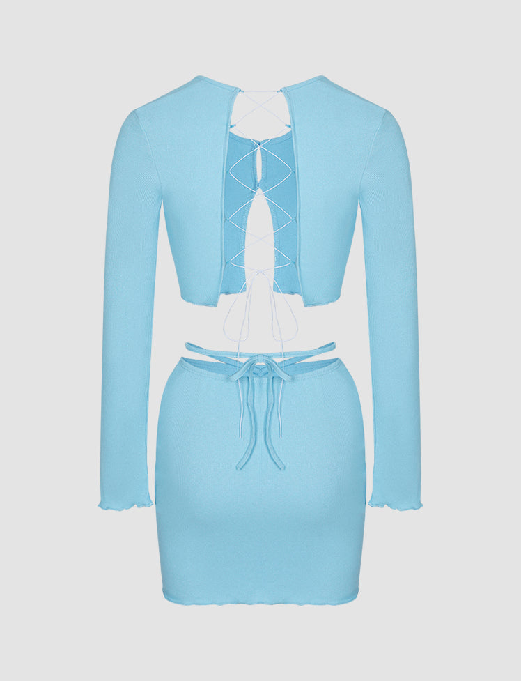 Solid Lace-up Back Top&Skirt Set