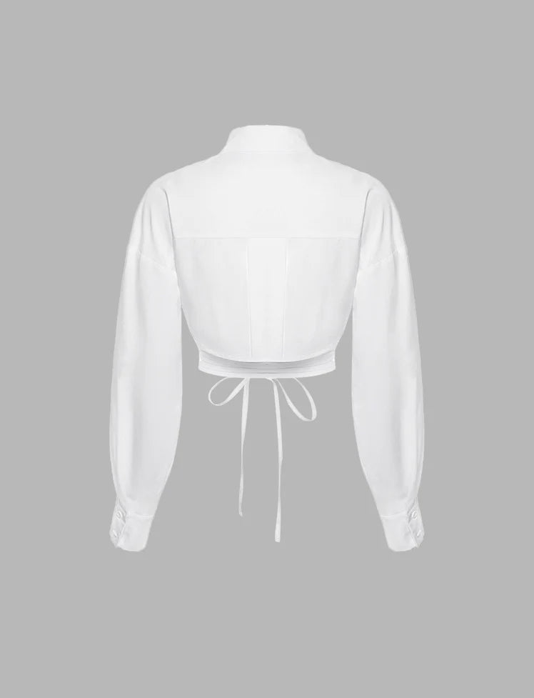 White Lace-up Shirt Crop Top
