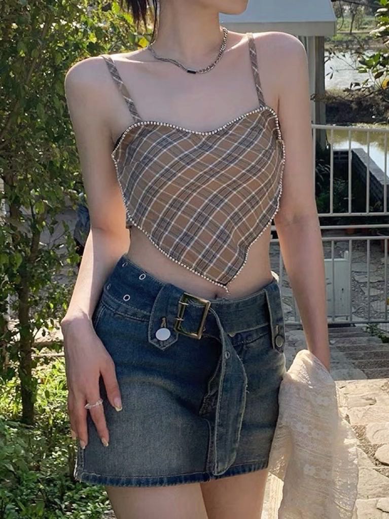 Sexy Retro Heart Plaid Diamond Camisole Top