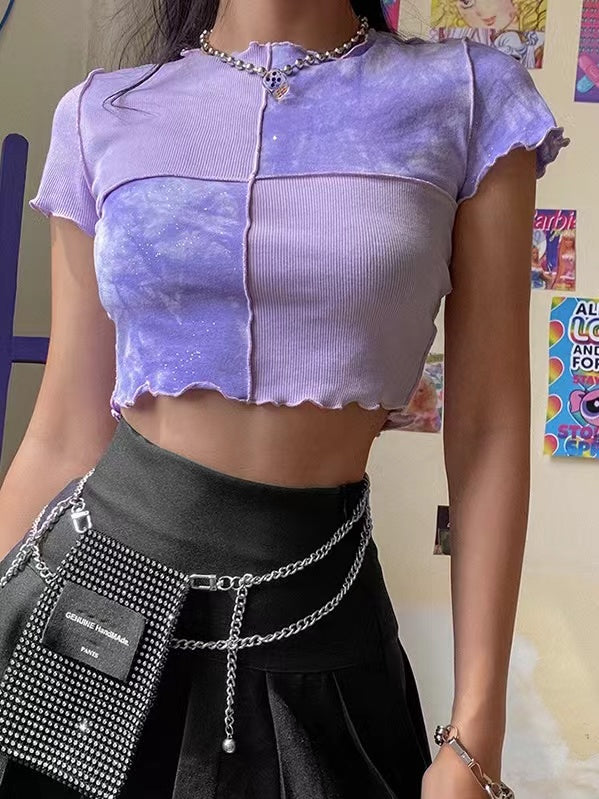 K-pop Tie Dye Cropped Frill Short Sleeve Tops