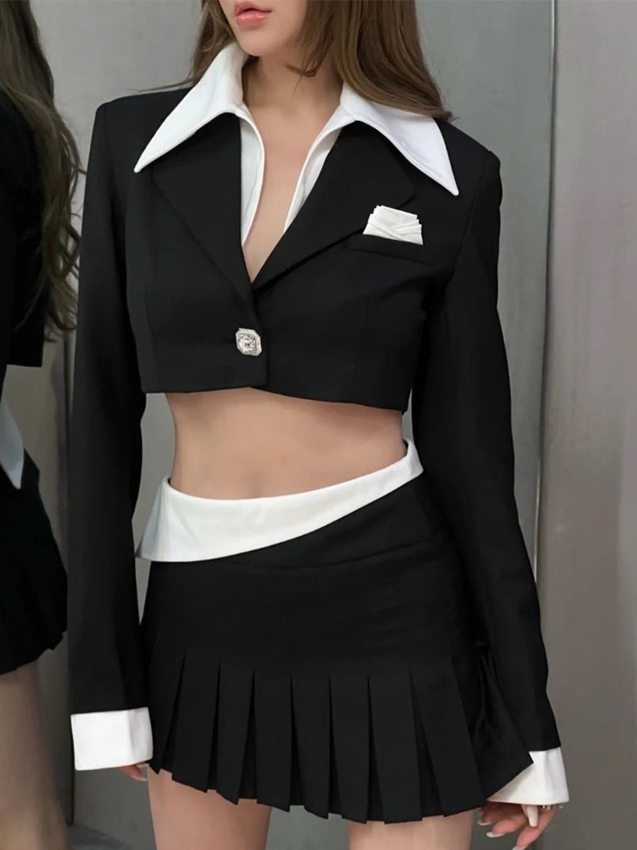 Black and White Top + Irregular Pleated Skirt Set