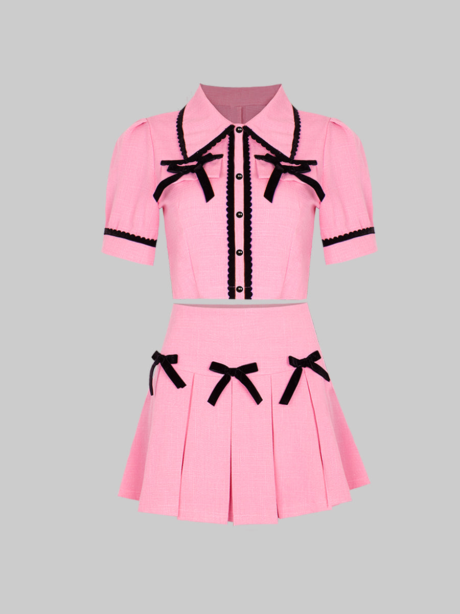 Pink Short Sleeve Top&High Waist Pleated Skirt Set