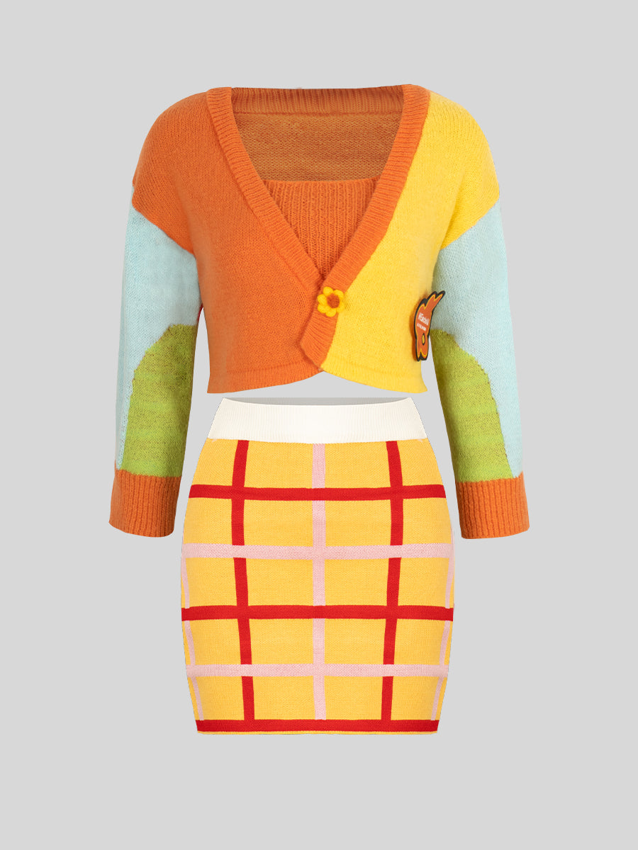 Floral cardigan + Camisole + Plaid Skirt Three Piece Set