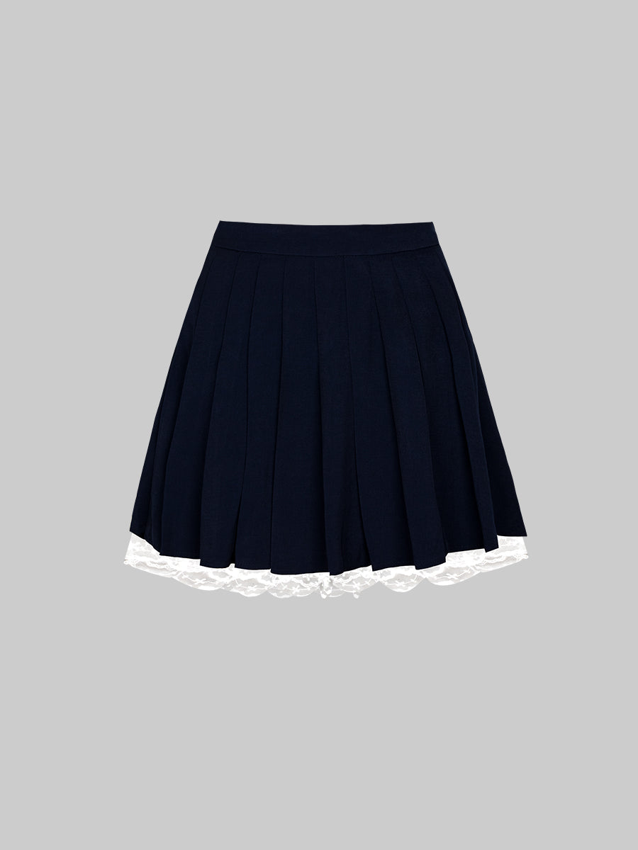 Navy Blue Bubble Sleeve Top&Pleated Skirt Set