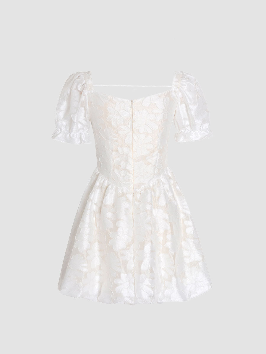 Lace Embroidered Floral Bubble Sleeve Prom Dress