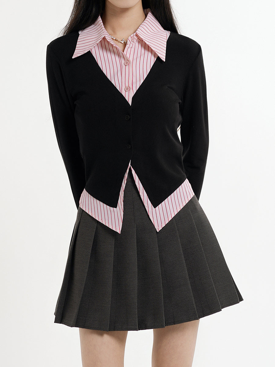 Fake Two Piece Shirt + Pleated Skirt Set