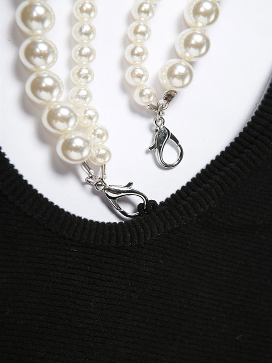 Sexy Black Irregular Hollow Pearl Chain Dress