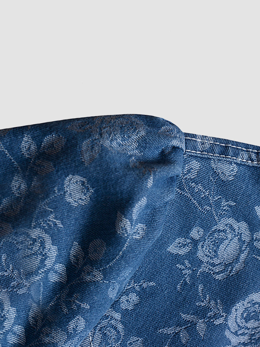 Rose Print Denim Cheongsam Dress