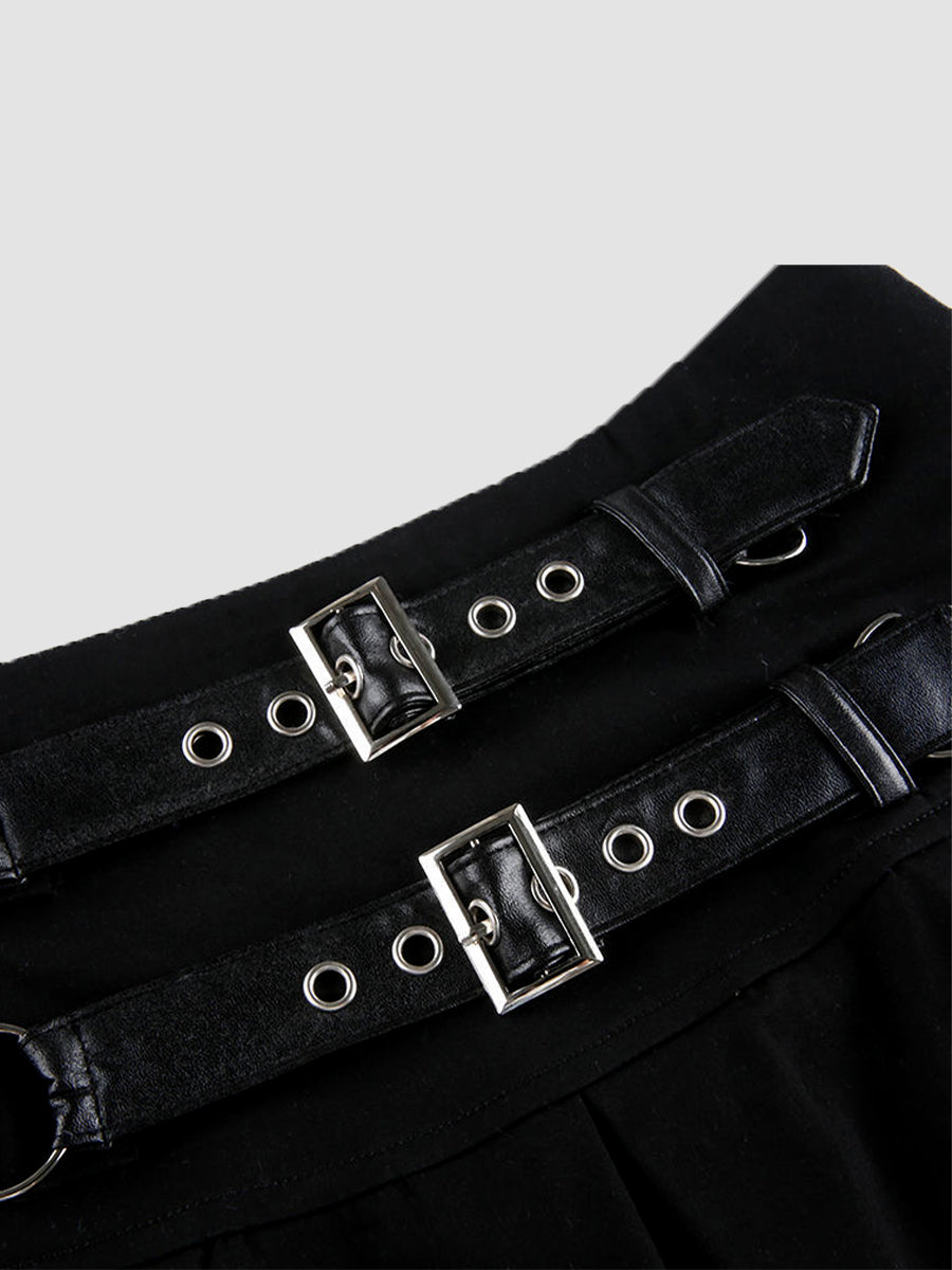 Leather Buckle Sexy Pleated Skirt