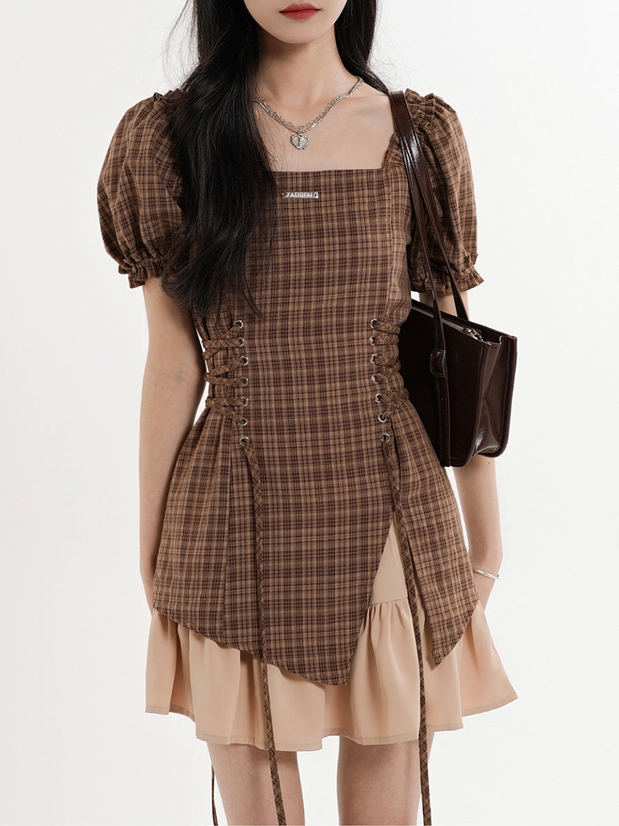 Curry Plaid Stitching Straps Bubble Sleeve Dress