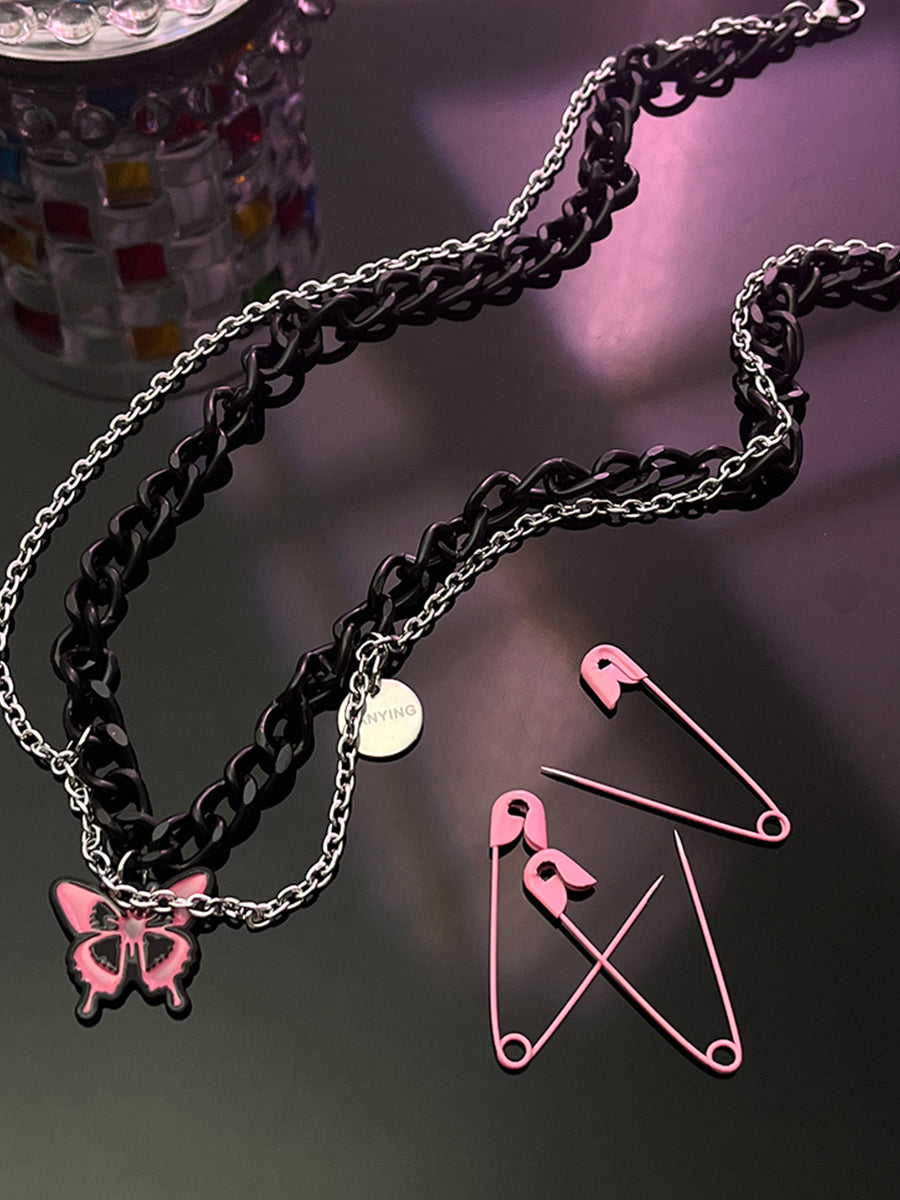 Black Chain Pin Butterfly Necklace