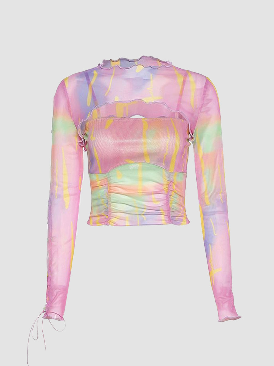 Colorful Printed Mesh Cami Top + Irregular Blouse Two-piece Set