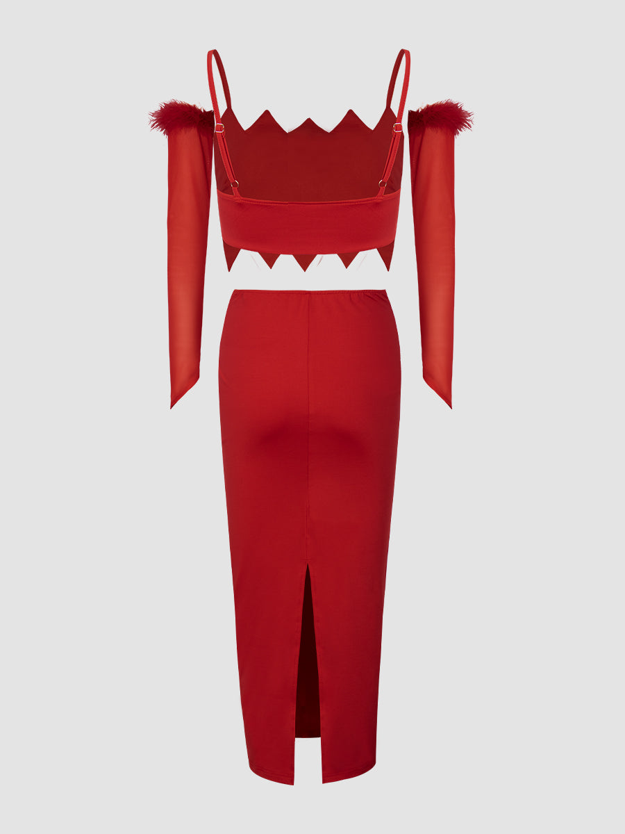 Red Stretchy Camisole Top + Long Skirt with Sleeve Covers
