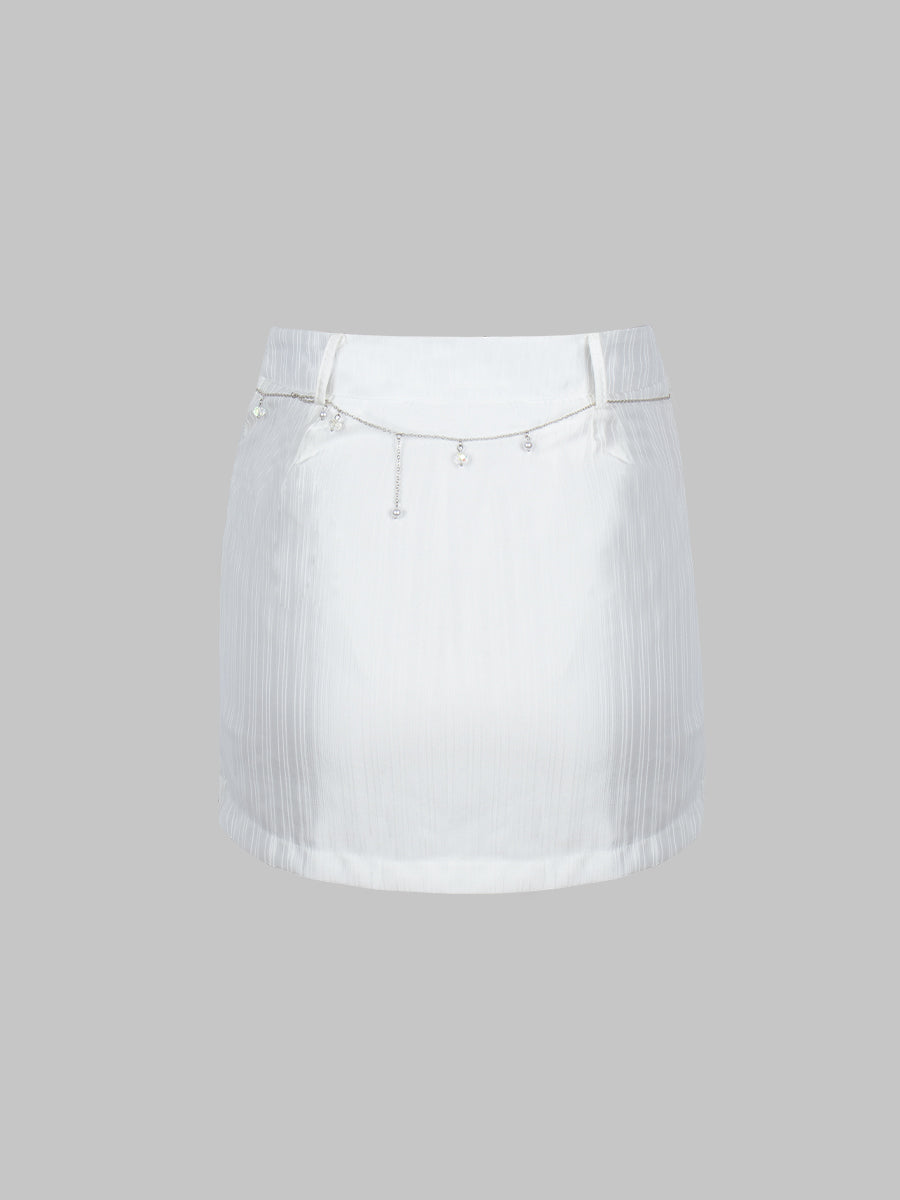 Satin Pearlized Top & Skirt Set with Belt Chain