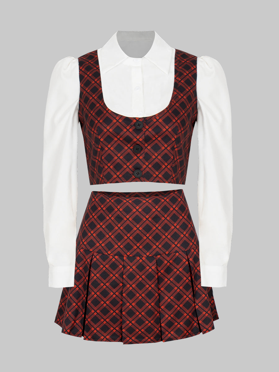 White Shirt + Plaid Vest + Skirt Three Piece Set