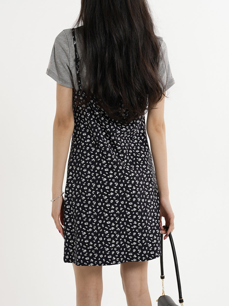 Gray Cotton Top + Floral Suspender Skirt Set