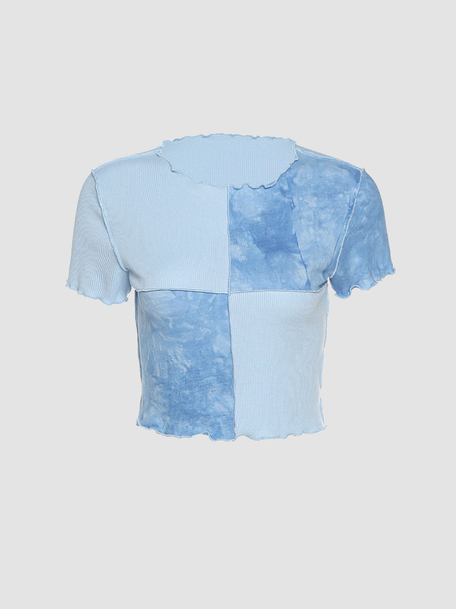 K-pop Tie Dye Cropped Frill Short Sleeve Tops