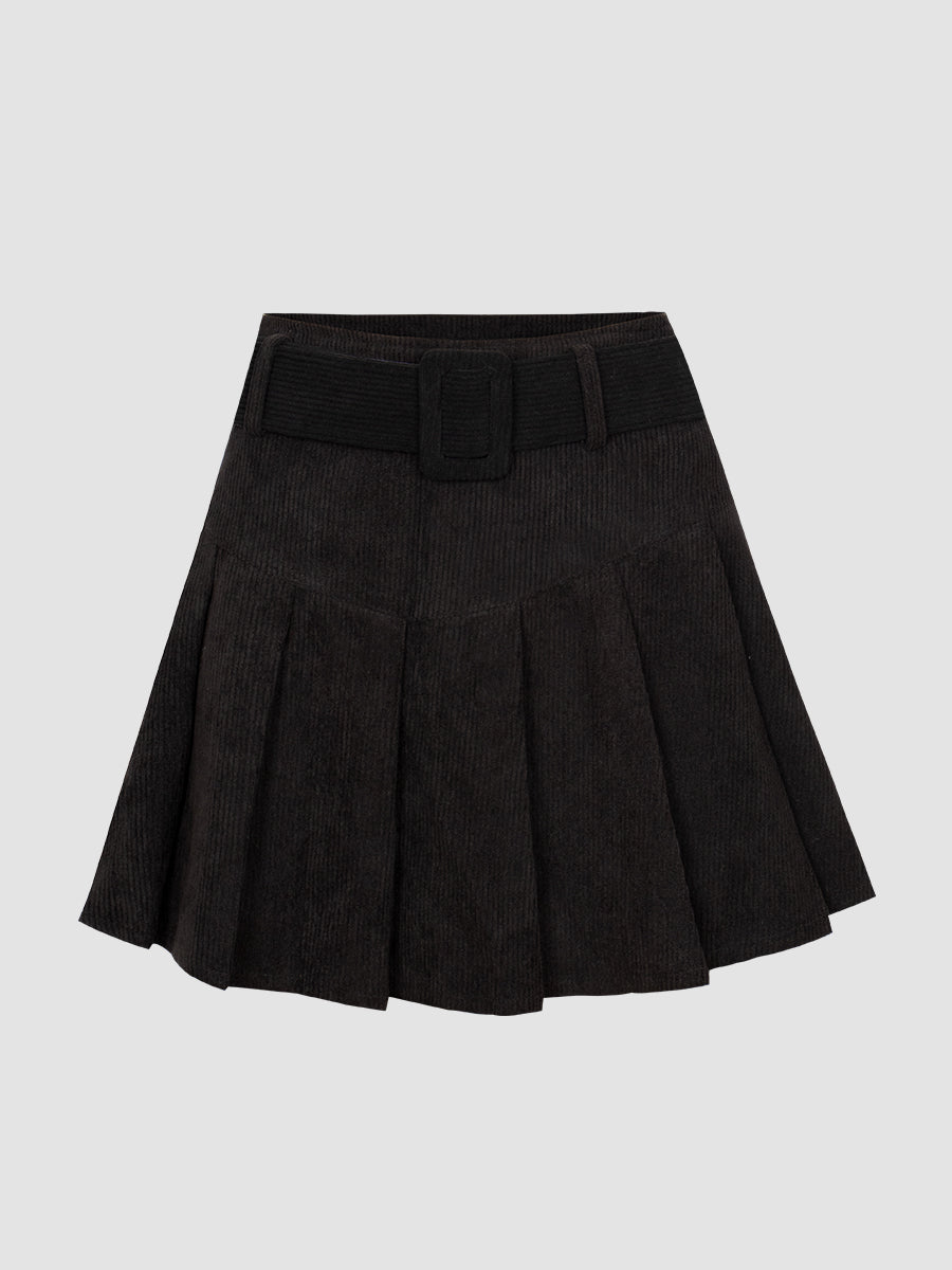 Corduroy Pleated Skirt with Belt