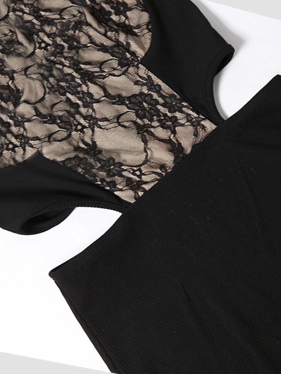 Black Lace Hollow Halter Dress