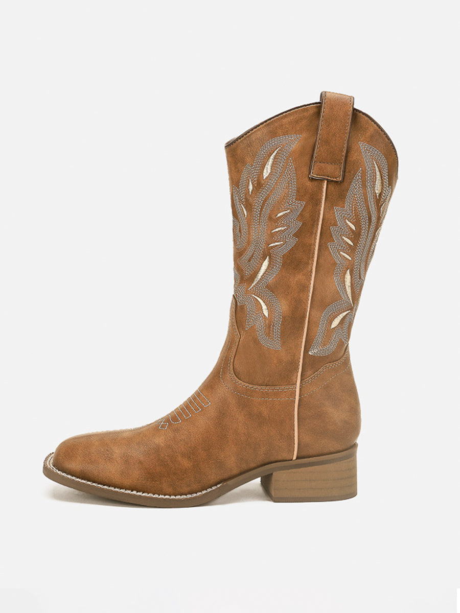 Brown Stitching Embroidered Butterfly Boots