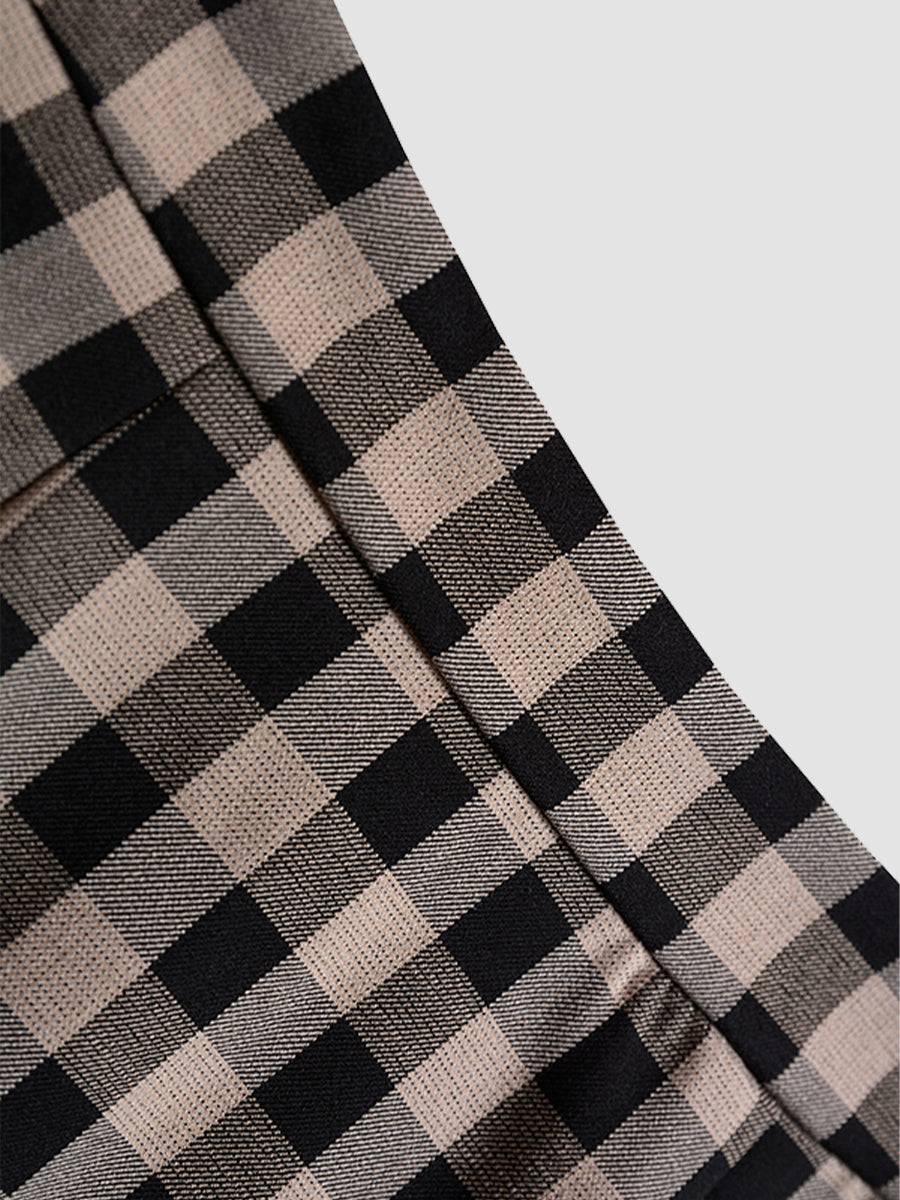 Coffee Checkered Shirt Top & A-line Skirt / Pleated Skirt Set