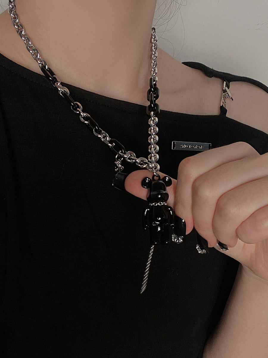 Black Pink Chain Bear Necklace