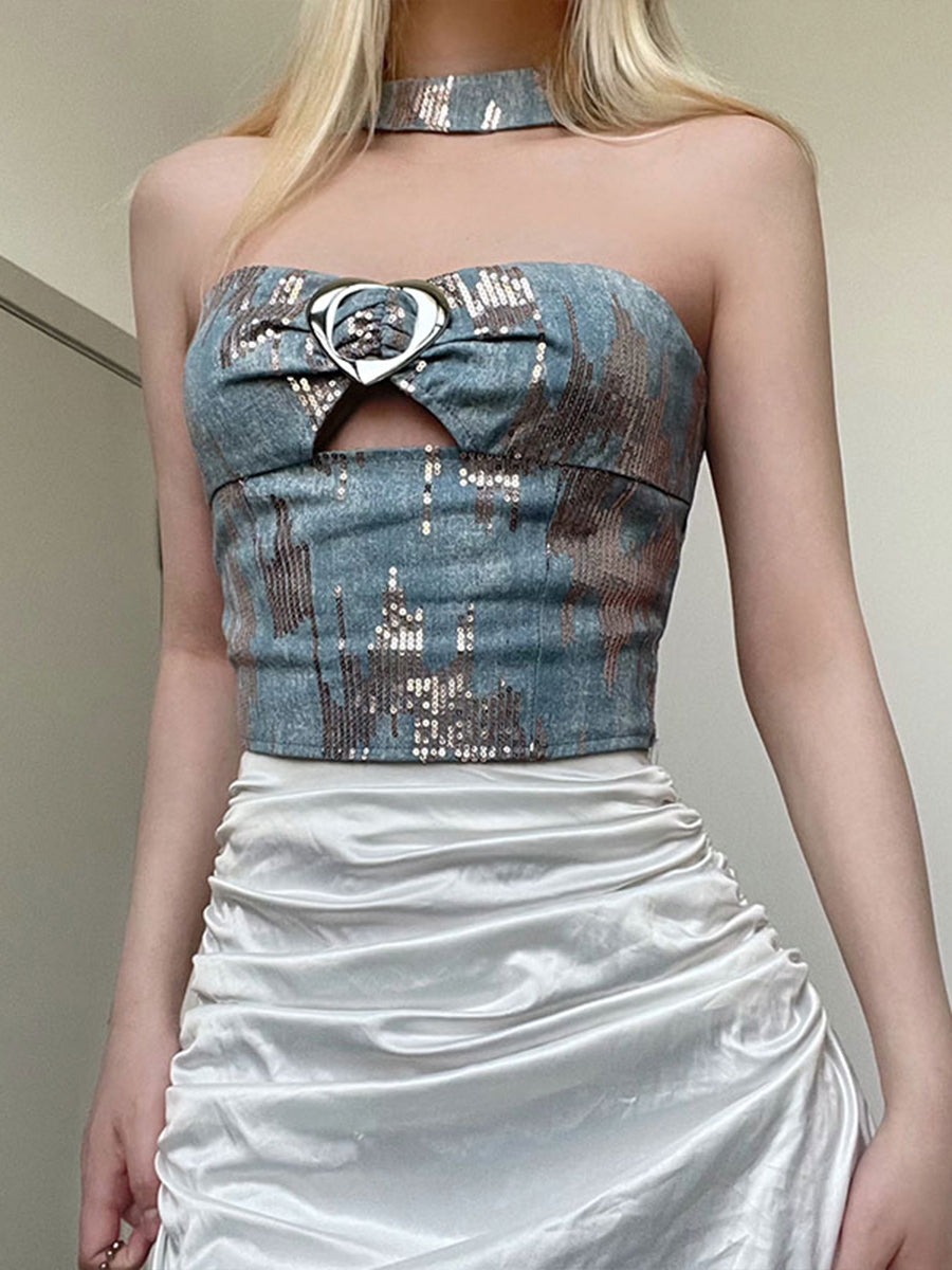 Silver Beaded Slim Fit Corset Top with Collar