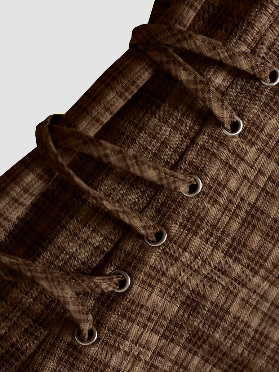 Curry Plaid Stitching Straps Bubble Sleeve Dress